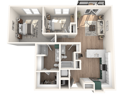 A 3D floor plan of a small apartment with a kitchen, living room, and bathroom.